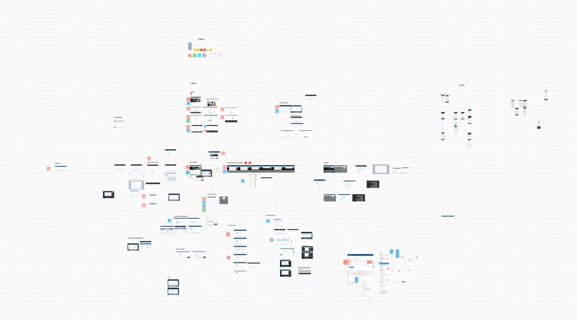 Large audit map of the existing advisor platform showing laptop and mobile screen inventories
