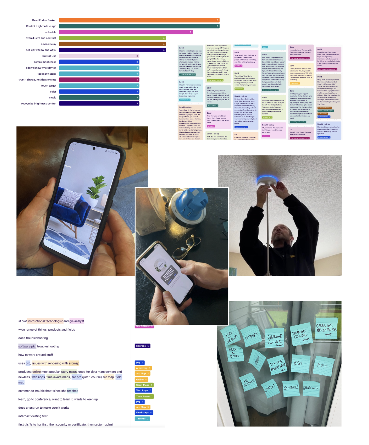 In-home research: people installing the SkyHome fixture, using the app on their phones, and synthesis of what came up most often