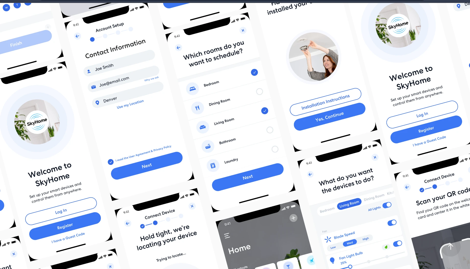 SkyHome mobile app screens for onboarding, device connection, scheduling and light control